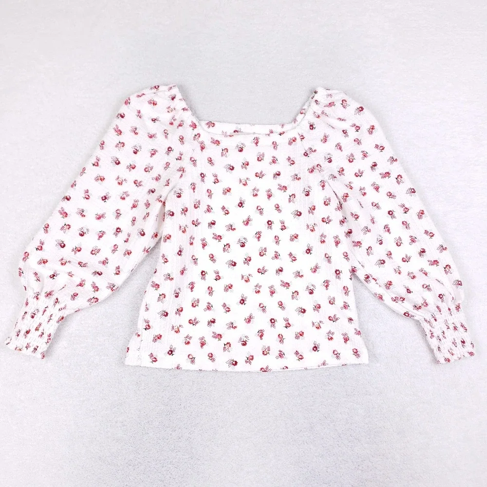 LOFT Blouse Womens Medium Square Neck Puff Sleeve Floral White Cottagecore‎ Boho
